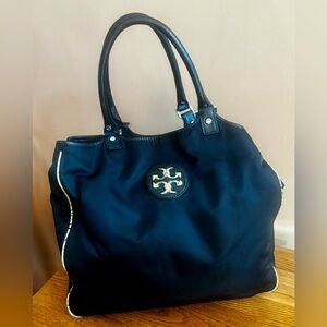 Tory Burch Black Nylon Collapsable Tote with Sturdy Handles and Iconic Logo